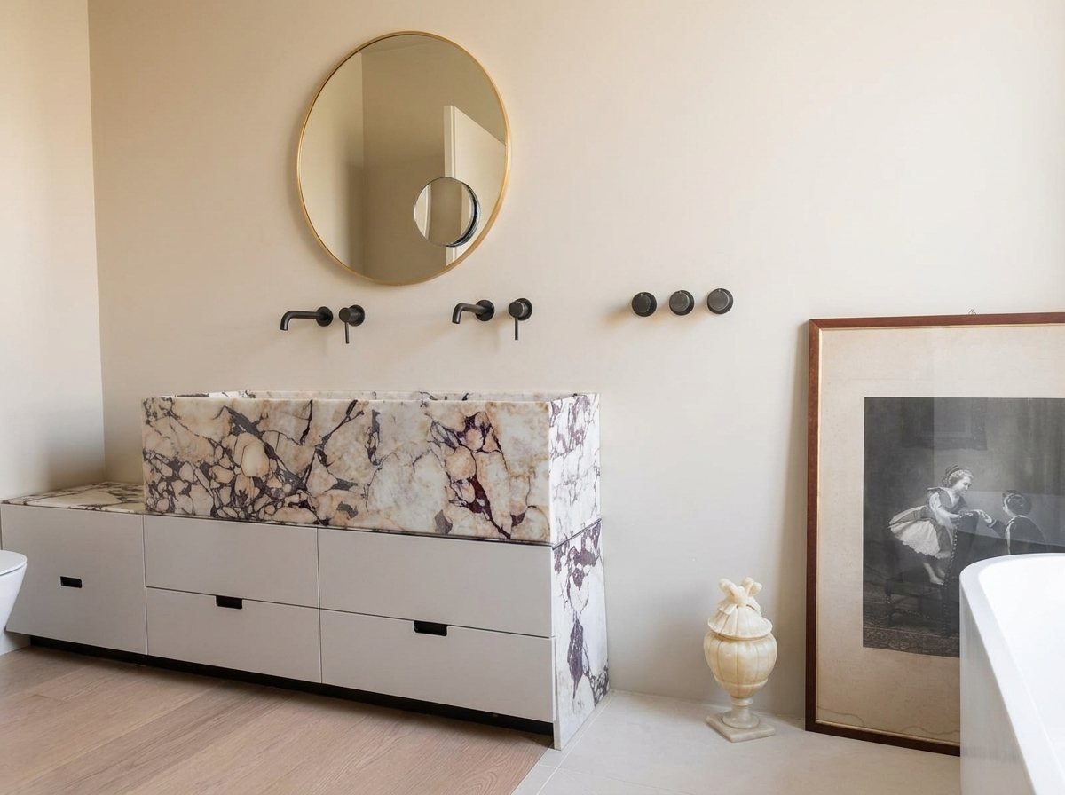 Bagno padronale con lavabo monolitico in marmo a vene viola e specchio tondo in ottone