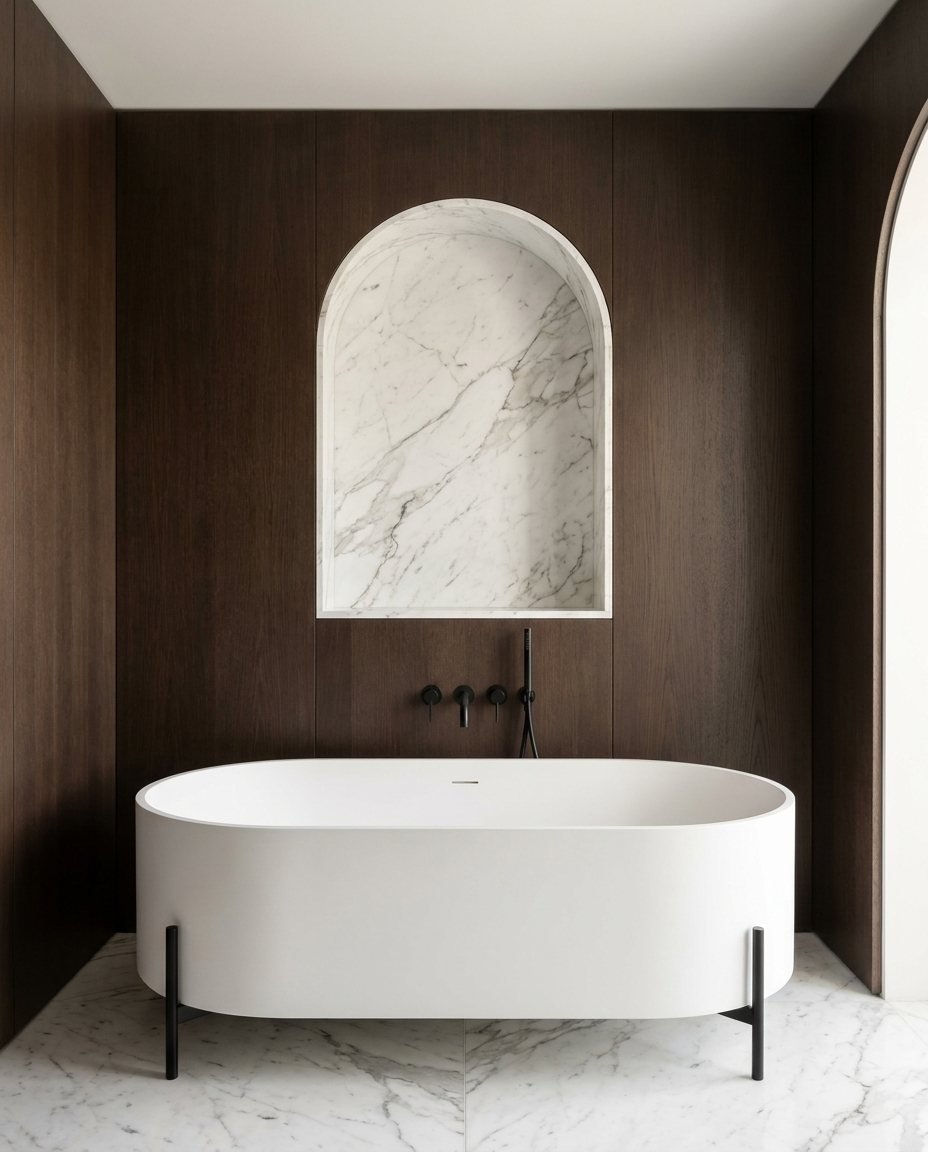 Vasca freestanding davanti a parete in legno con nicchia ad arco in marmo