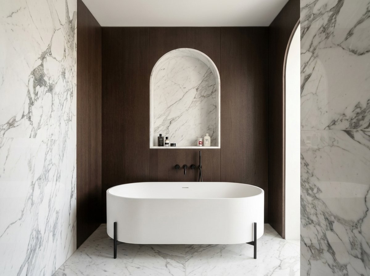 Bagno padronale ristrutturato a Milano con pareti in marmo bianco venato, parete in legno scuro con nicchia ad arco e vasca freestanding