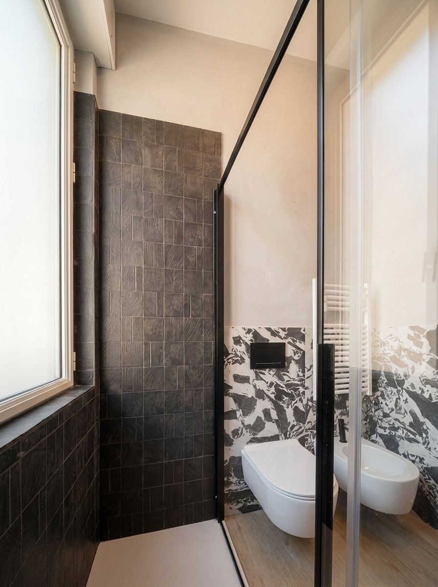 Bagno con doccia in vetro, piastrelle scure a rilievo e fascia in marmo bianco e nero
