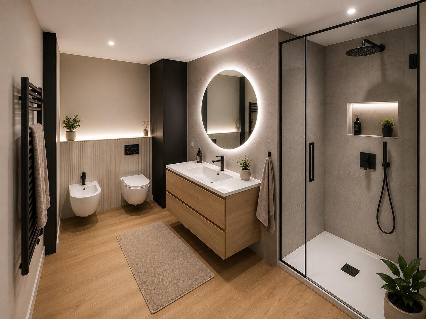 Bagno ristrutturato con mobile in rovere, specchio tondo e doccia in vetro