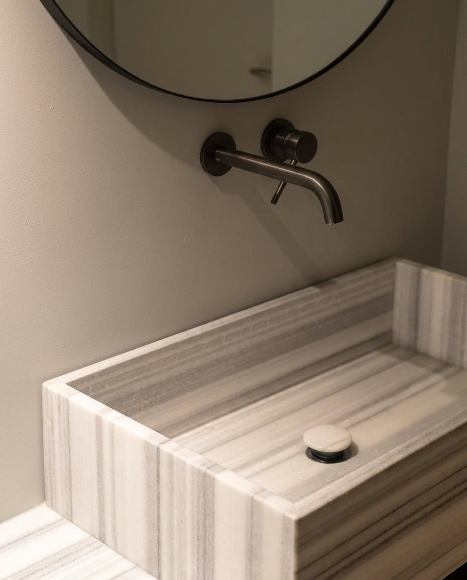 Dettaglio di lavabo in marmo rigato grigio con rubinetto nero a parete