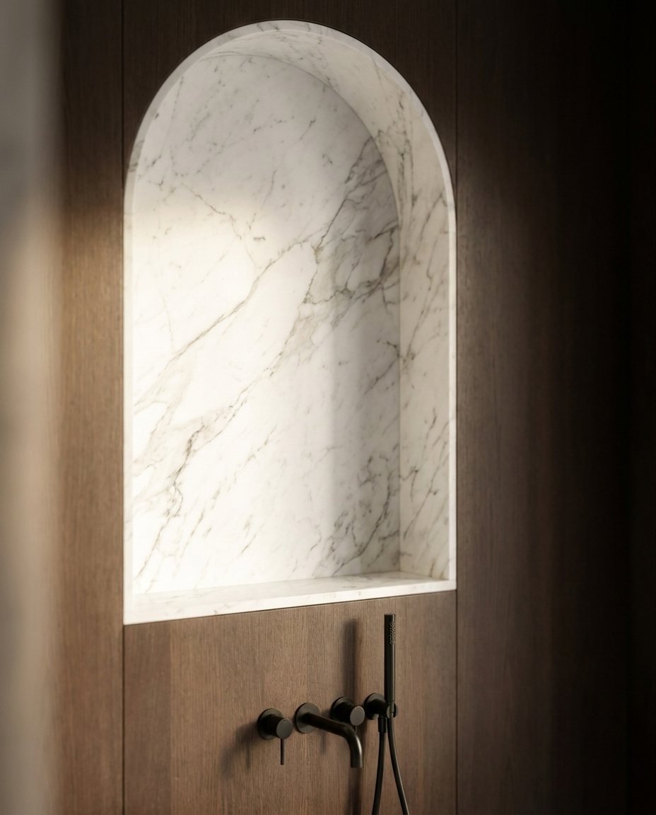 Dettaglio di nicchia ad arco in marmo su parete in legno scuro