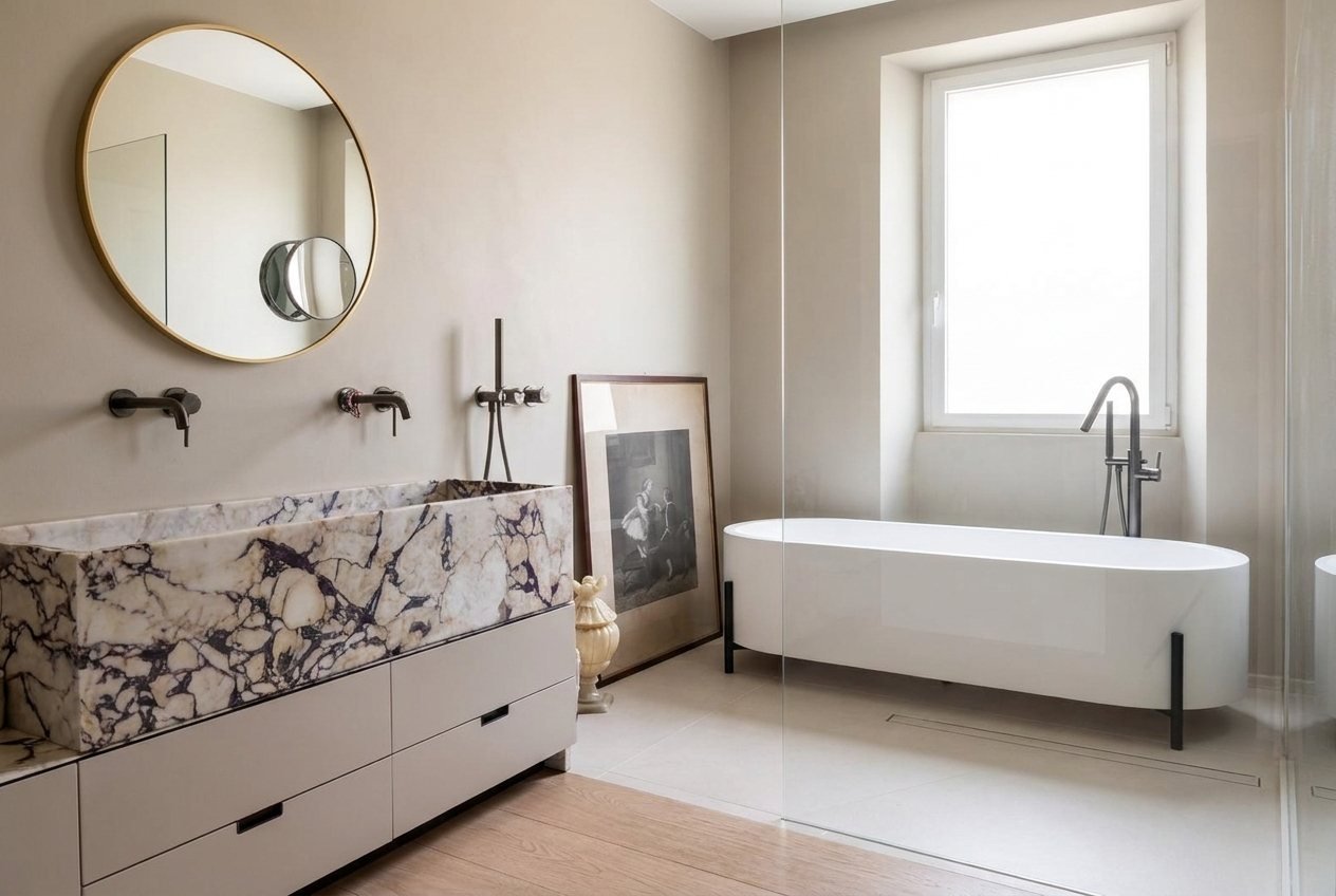 Bagno padronale con lavabo monolitico in marmo a vene viola, specchio tondo in ottone, vasca freestanding davanti alla finestra e doccia walk-in in cristallo