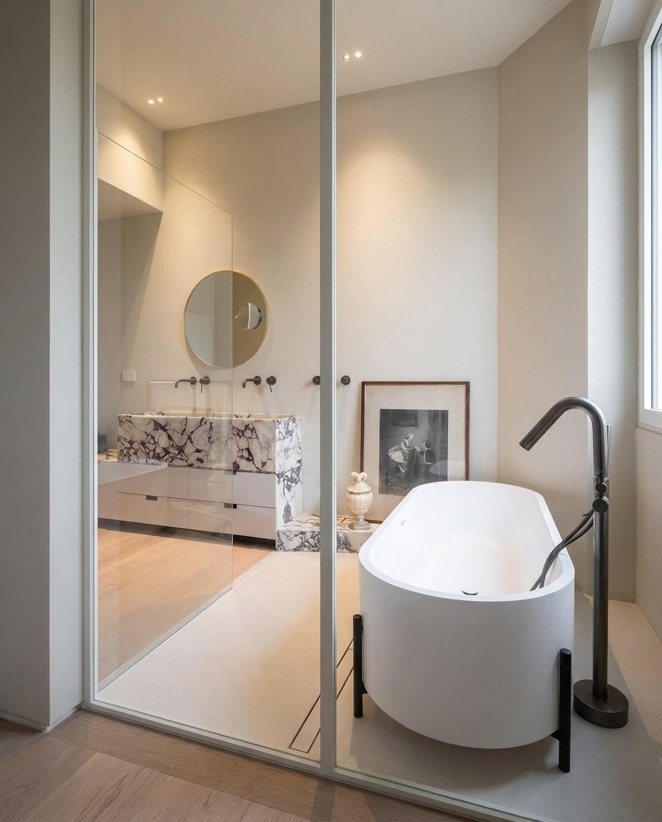Vista dalla camera attraverso la parete in cristallo verso il bagno en suite con vasca freestanding e lavabo in marmo